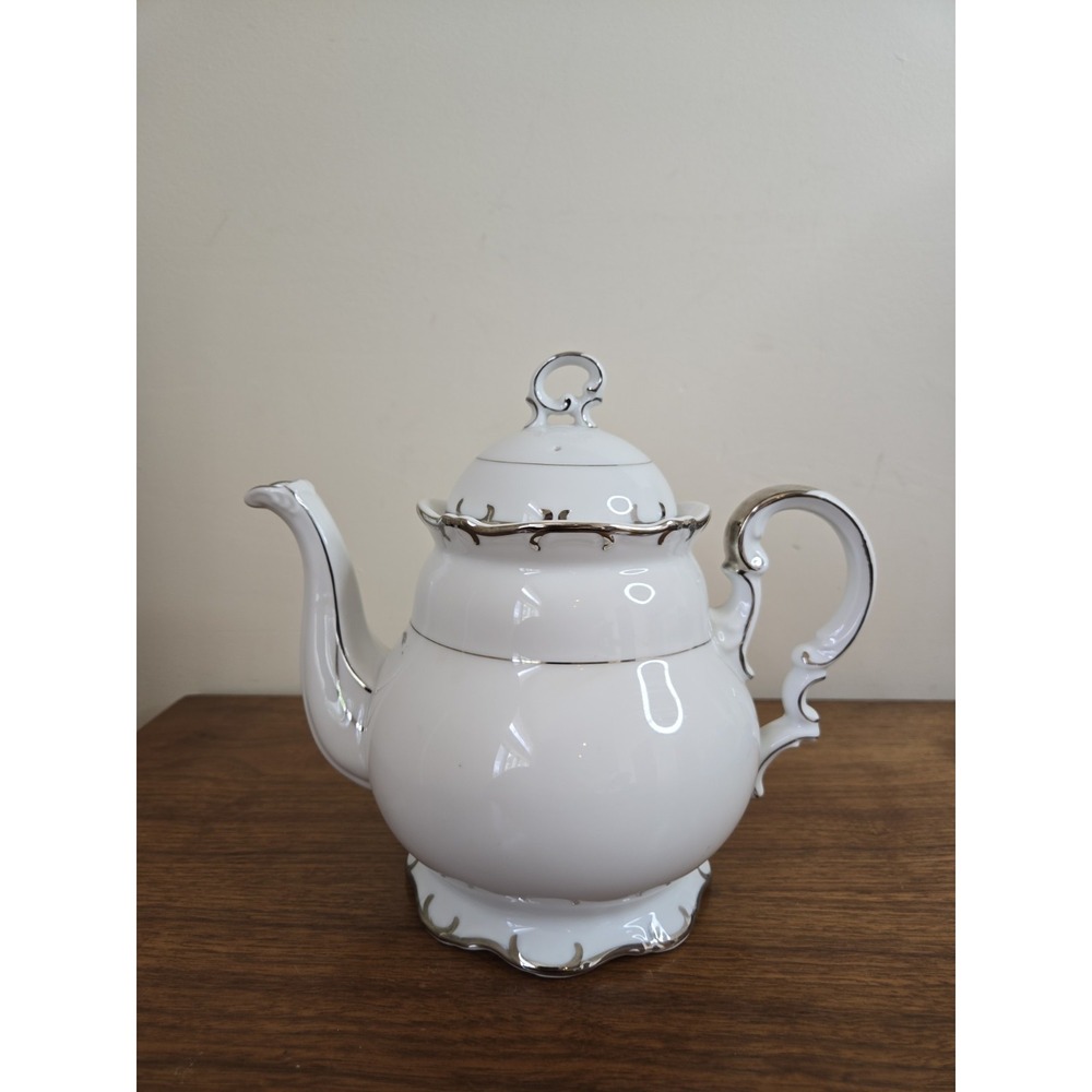 Vintage China Institute Simplicity Modern White Silver Trim Teapot Art Nouveau